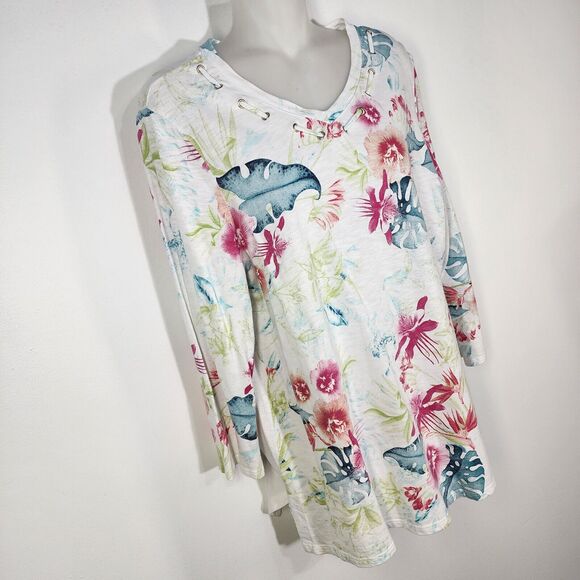 Chico's Tee Womens Size 1 Medium Floral Jungle Games Farren 3/4 Sleeve Grommets - Picture 4 of 10